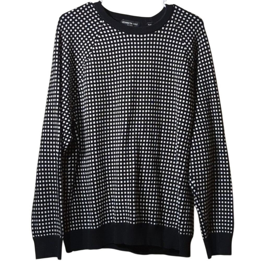 Kenneth Cole New York 100% Cotton Black Check Crew Neck Sweater Size XL